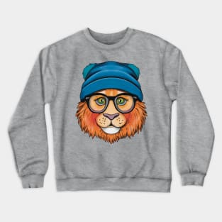 Orange Lion Wearing Glasses and a blue Hat Crewneck Sweatshirt
